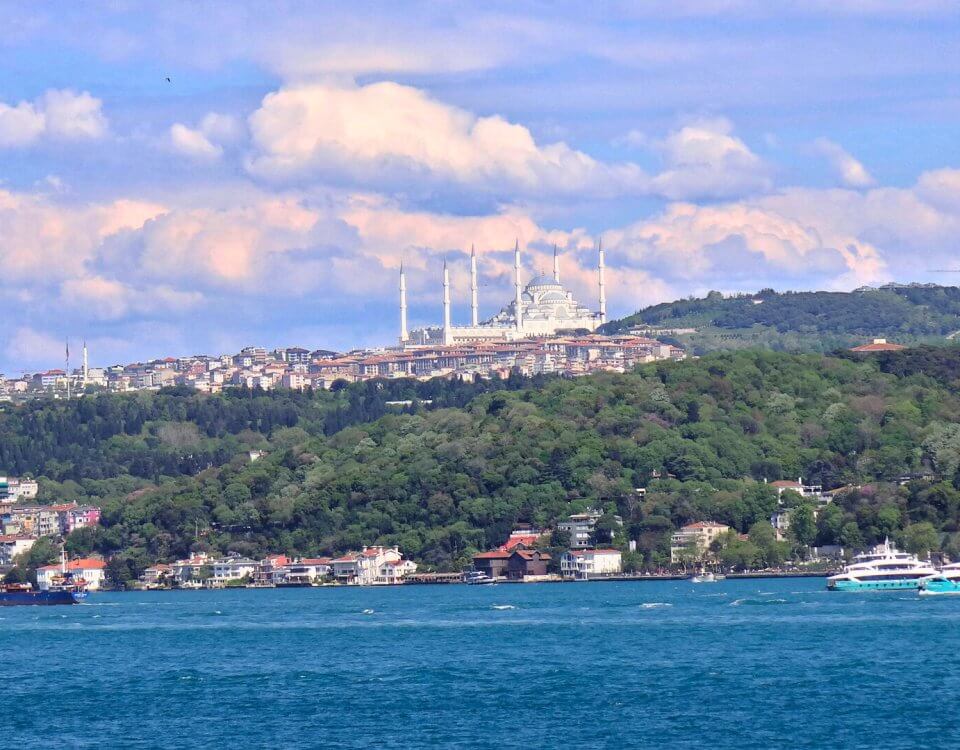 The Grand Çamlıca Mosque visible across the Bosphorus strait standing on Çamlıca Hill in the Asian side of Istanbul